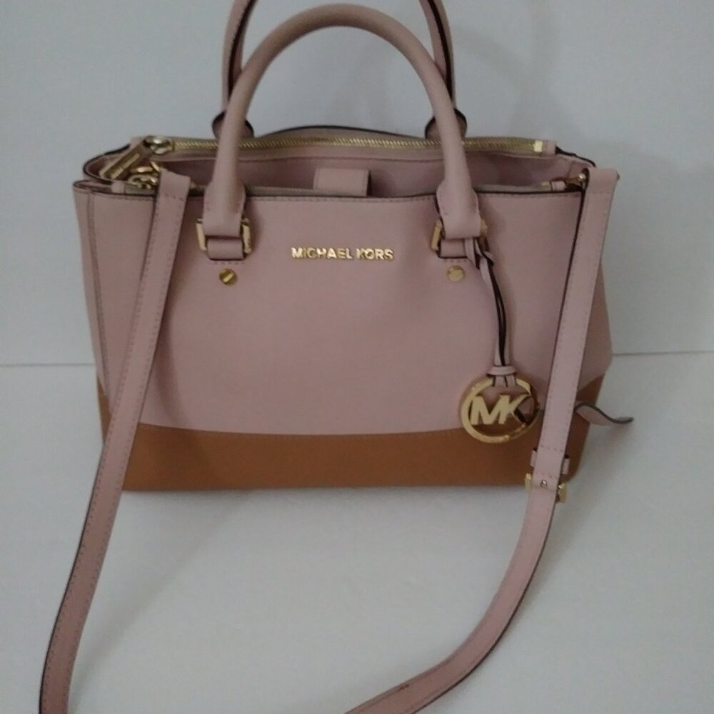 Michael Kors Satchel Bag Purse Double Handle Logo Charm Pink/Tan - Picture 9 of 16